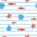 Seamless vector striped pattern with abstract red and blue fish Royalty Free Stock Photo
